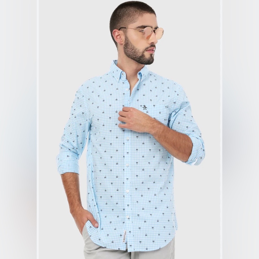 Original Penguin Light Blue Palm Tree Pattern Shirt